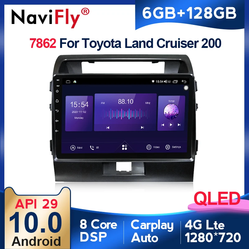 

NaviFly 6GB+128GB QLED Screen 1280*720 Android 10.0 Car Radio Audio Multimedia Player For Toyota Land Cruiser 11 200 2007 - 2015