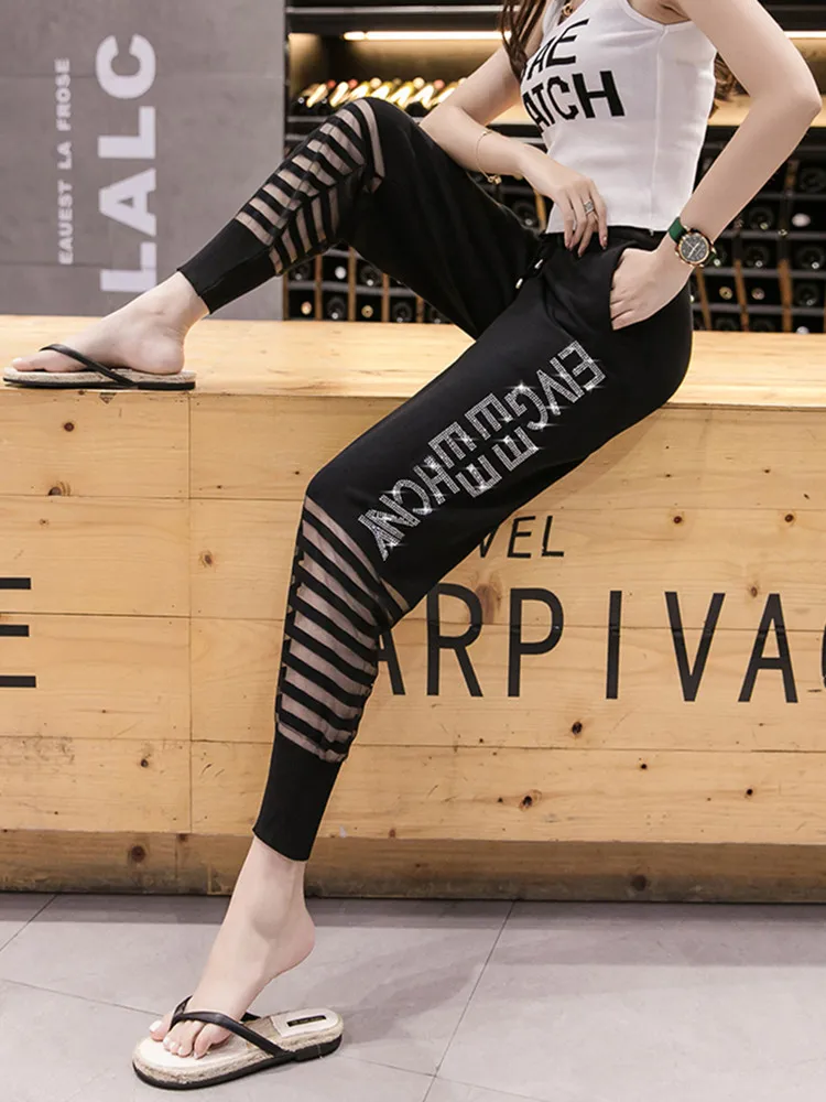 Брюки женские большого размера тонкие сетчатые спортивные штаны для отдыха с