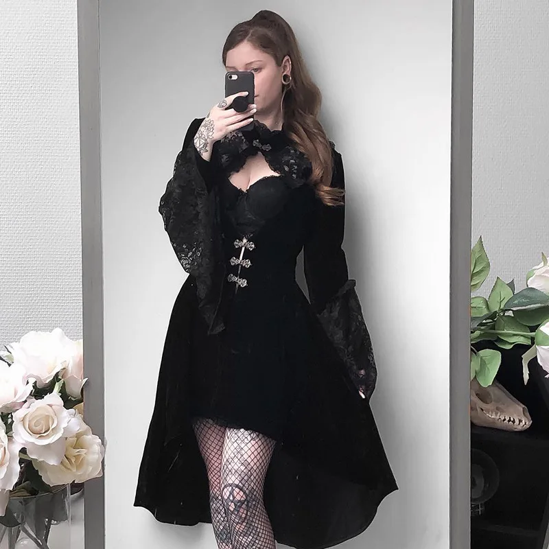 Stylish Black Frock Lace Stitching Dress Gothic Lolita Dress Hollow Pleated Dress Dark Streetwear Irregular Frock