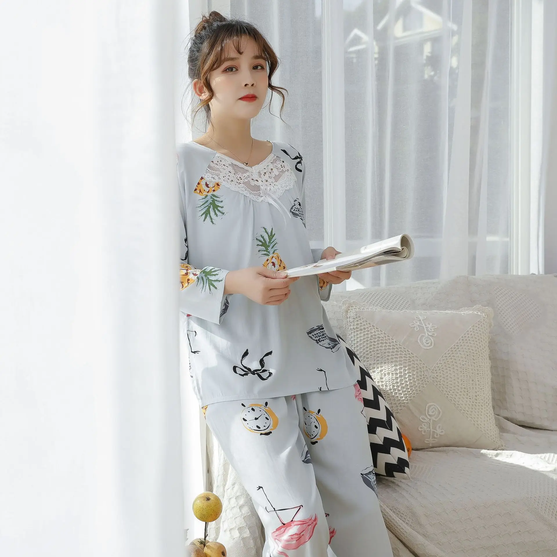 

Ladies Cotton Bathrobe Simple Plus Size Pajamas Long Sleeve Nightwear Casual Suit Loose Home Service Pijama Feminino Sleepwear