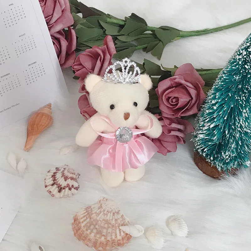 

New 6Pcs 12cm Kawaii Crown Teddy Bears Stuffed Plush Toy Mini cartoon bouquet Teddy-Bear wedding children toy phone key pendant