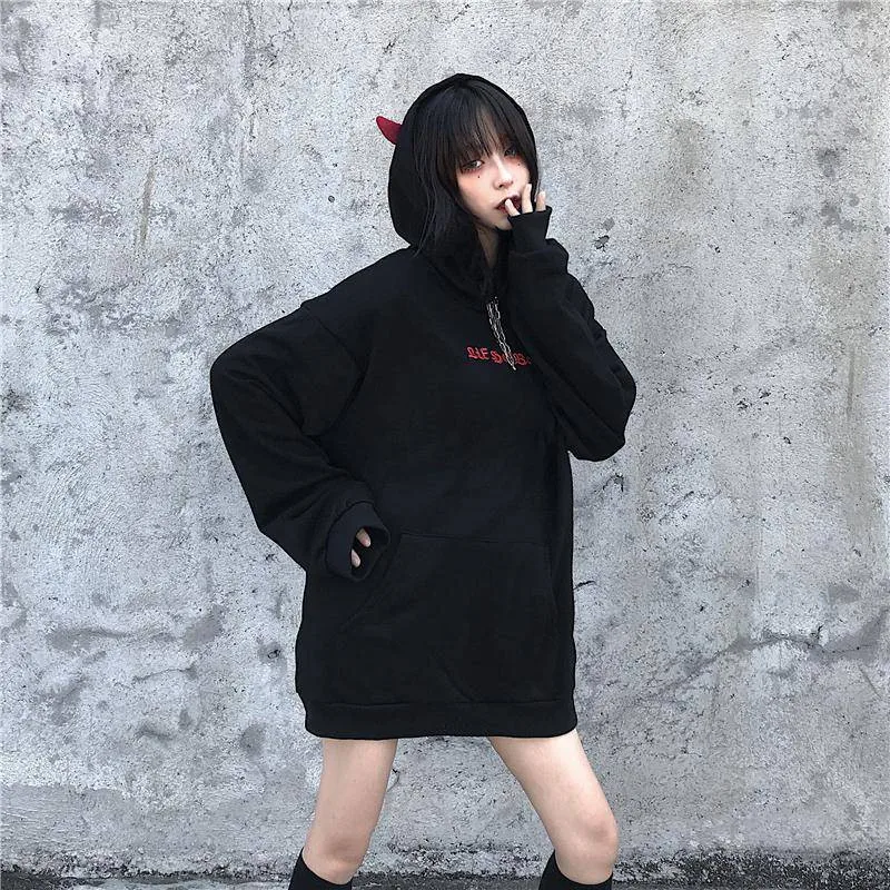 Осенняя теплая толстовка с капюшоном Женская мода Harajuku крыльями дьявола
