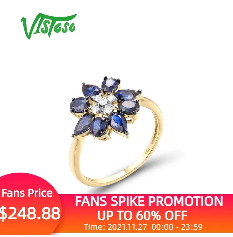 

VISTOSO Genuine 14K 585 Yellow Gold Ring For Women Sparkling Blue Sapphire Diamond Cluster Ring Gorgeous Trendy Fine Jewelry