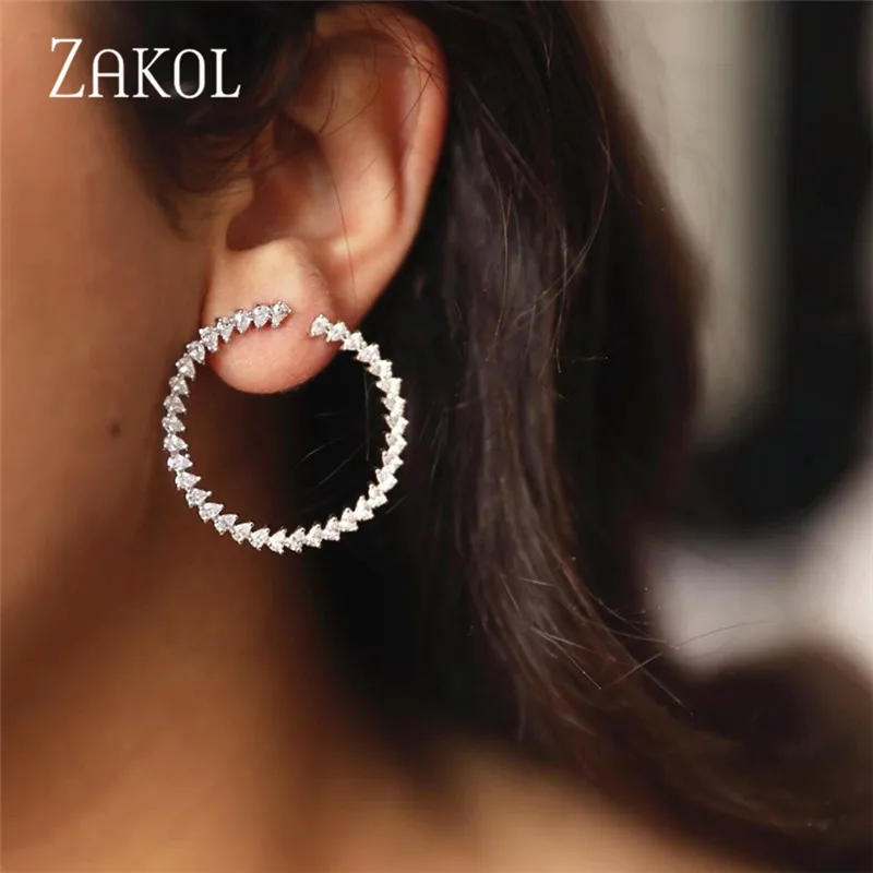 ZAKOL новые модные серьги-гвоздики с большими кругами, Прозрачная Круглая Форма, кубический цирконий, ювелирные изделия для женщин, подарок на день рождения, FSEP2033