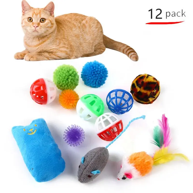 

12pcs Pet Cat Toy Set Mouse Shape Balls Feather Teaser Wand Toys Cats Grinding Catnip Toys Funny Cat Stick Ball for Indoor