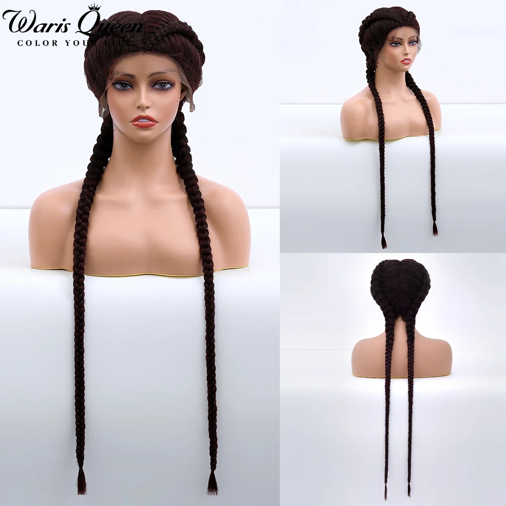 Braided Lace Front Wig Synthetic Wigs For Black Women Red 36 Inch Dutch Twins Braids With Baby Hair 360 Lace Frontal Perruque