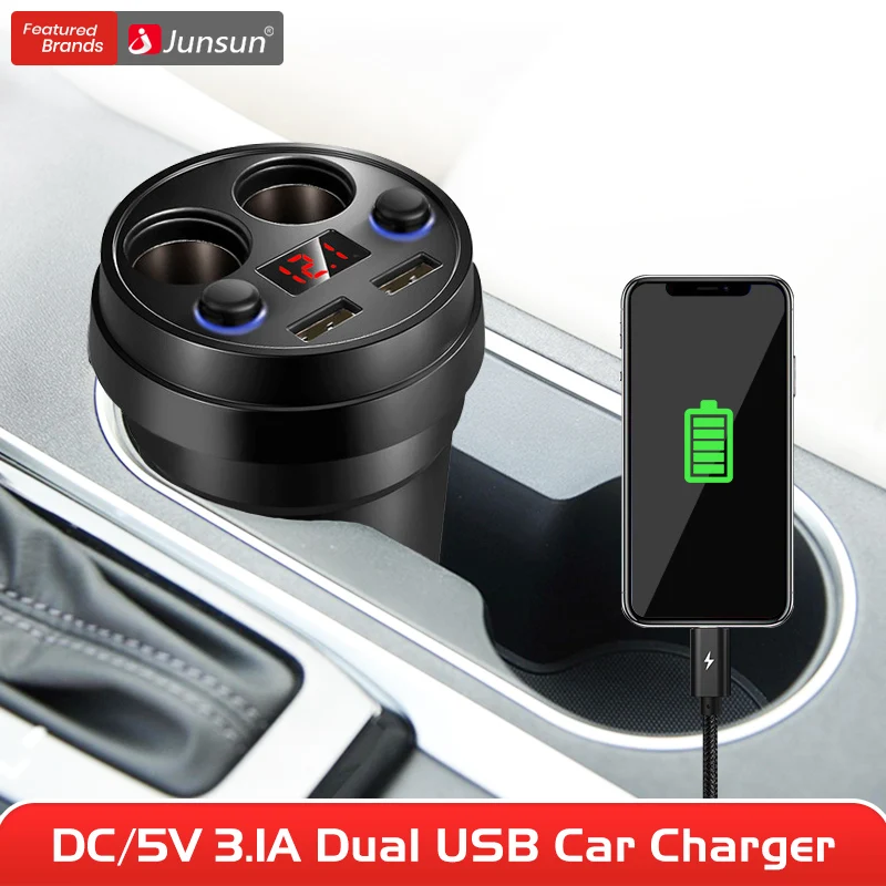 Junsun разветвитель гнезда прикуривателя DC/5 В 3.1A двойной USB разъем питания адаптер чашки автомобильное зарядное устройство для мобильного телефона планшета gps