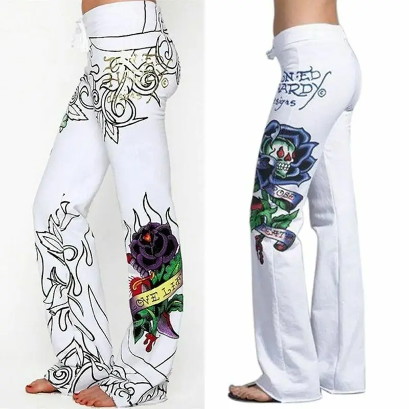 Модные женские Мешковатые брюки в стиле бохо с принтом черепа розы широкими
