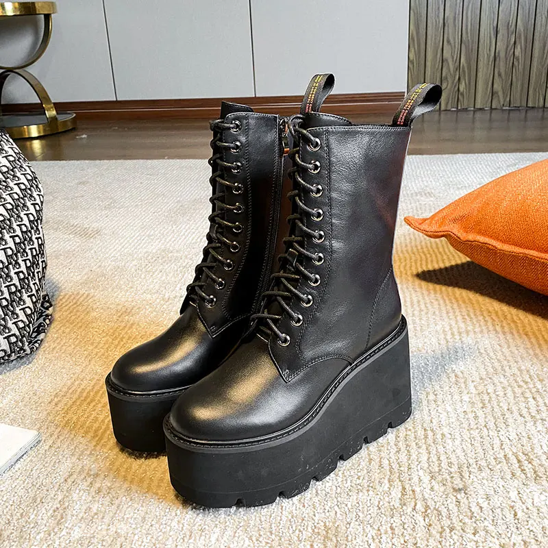 

Autumn/winter New Style Zipper Thick-soled Martin Boots Female Real Cowhide Increased 10cm Super High Heel Short Boots Women's