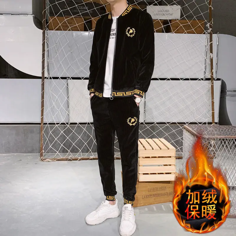 

Men's sweater sports gold velvet suit handsome double face down autumn and winter Plush a suit of men's clothes