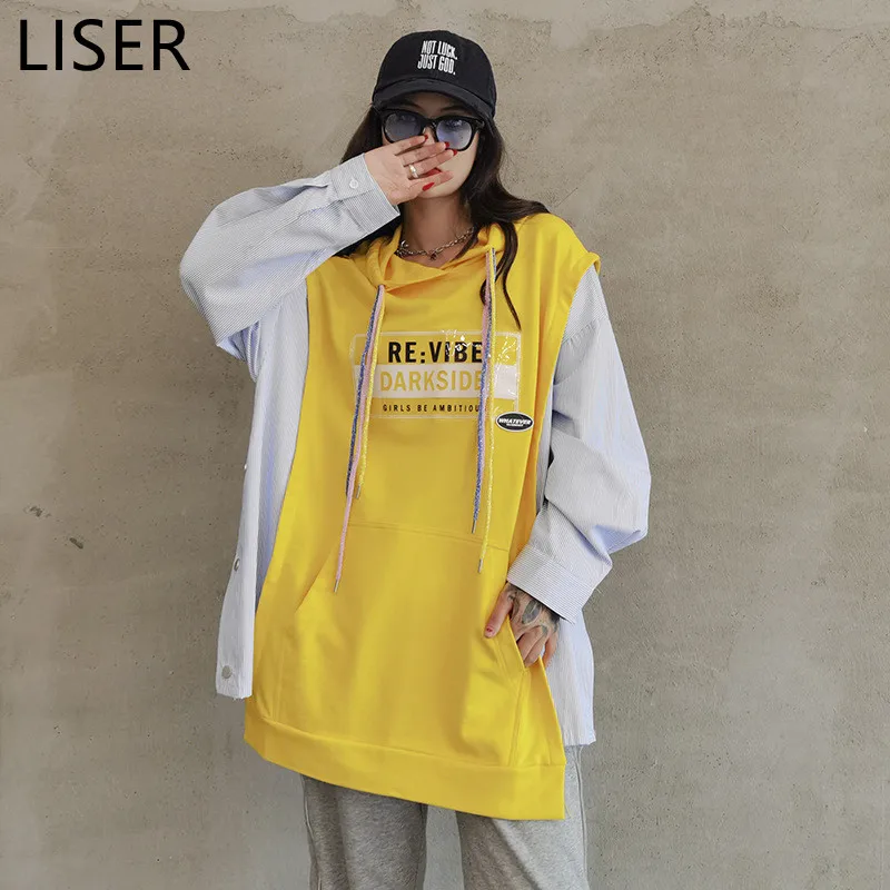 

Spring Autumn Personality Stitching Plus Size Sweatshirt Women 2022 New Fashion Design Letter Print Women's Hoodie Yellow LL253