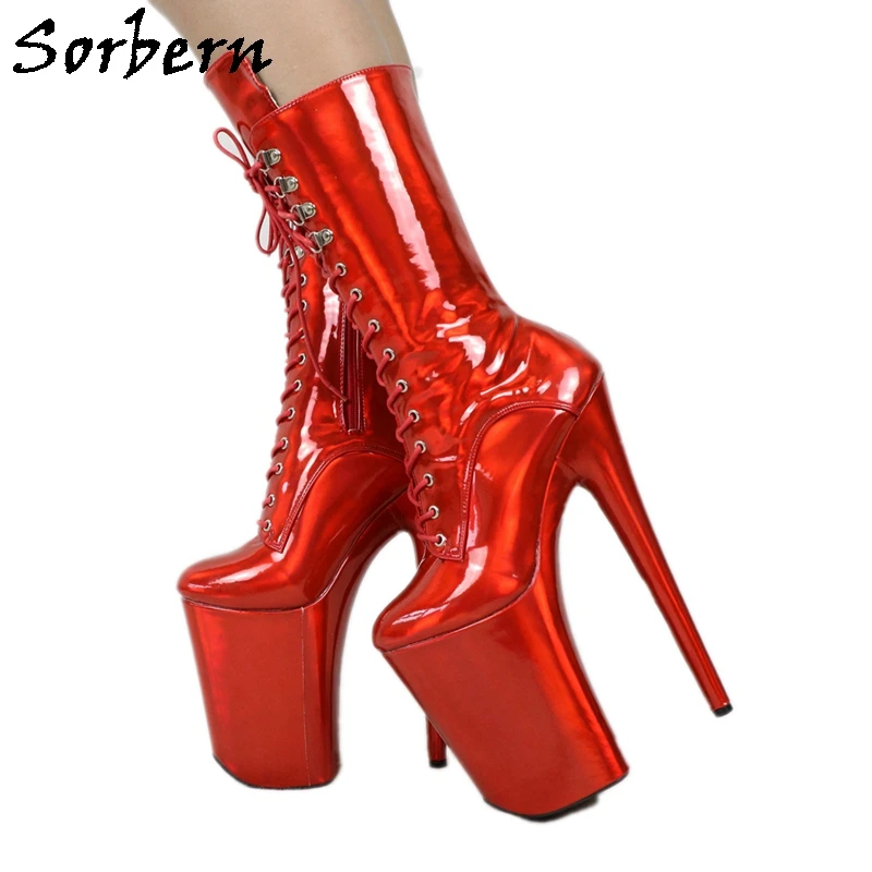 

Sorbern Holographic Red Drag Queen Boots Mid Calf High Lace Up 9 Inch High Heels Pole Dance Heels Platform Shoes Crossdressing