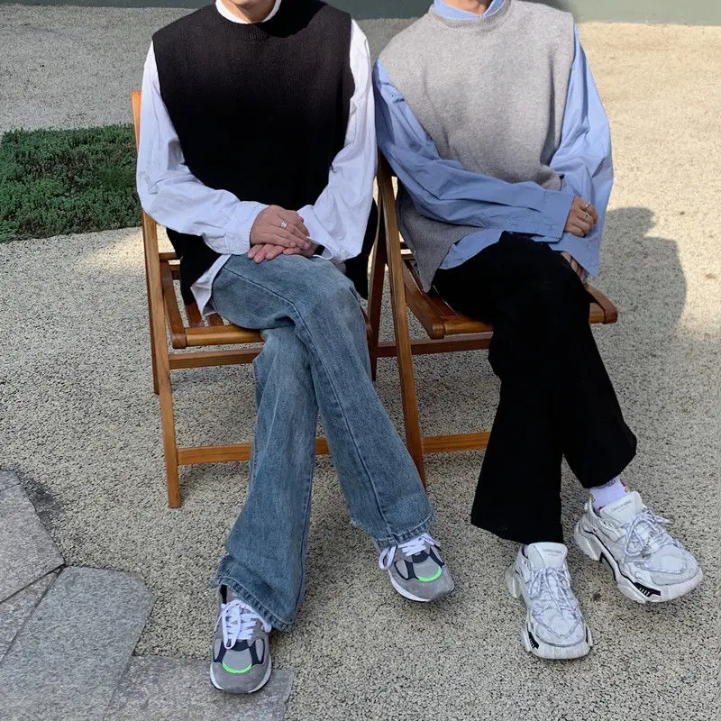 Осенний корейский свитер жилет мужской теплый модный однотонный вязаный пуловер