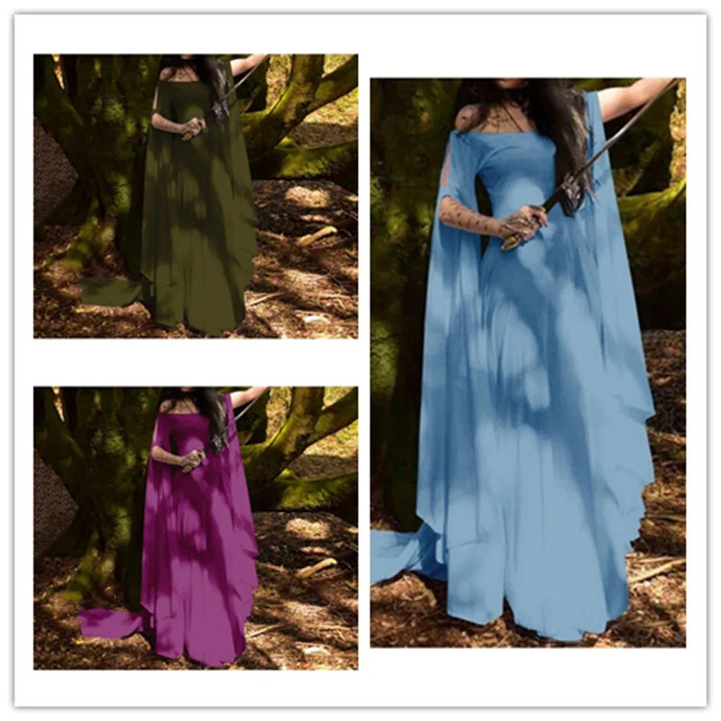 

New Middle Ages Renaissance Ancient Greek Goddess Solid Color Loose Sleeve Slim Elegant Maxi Dresses Women's Cosplay Costumes