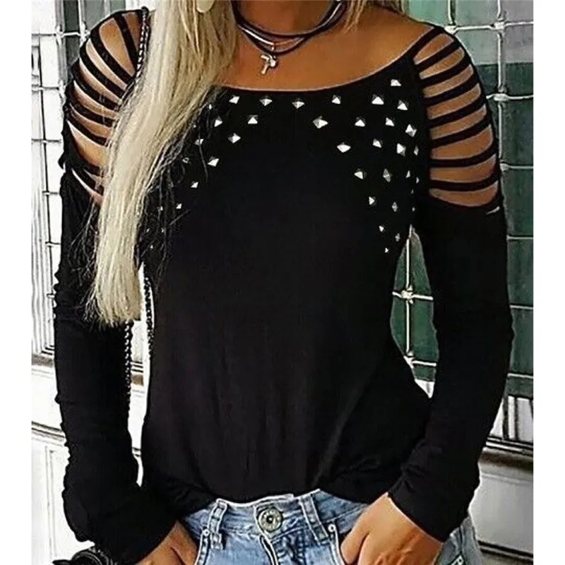 

2020 Autumn Casual Loose T Shirts Women Hollow Out Off Sexy Cotton Long Sleeves New Solid Tops Fashion Clothings