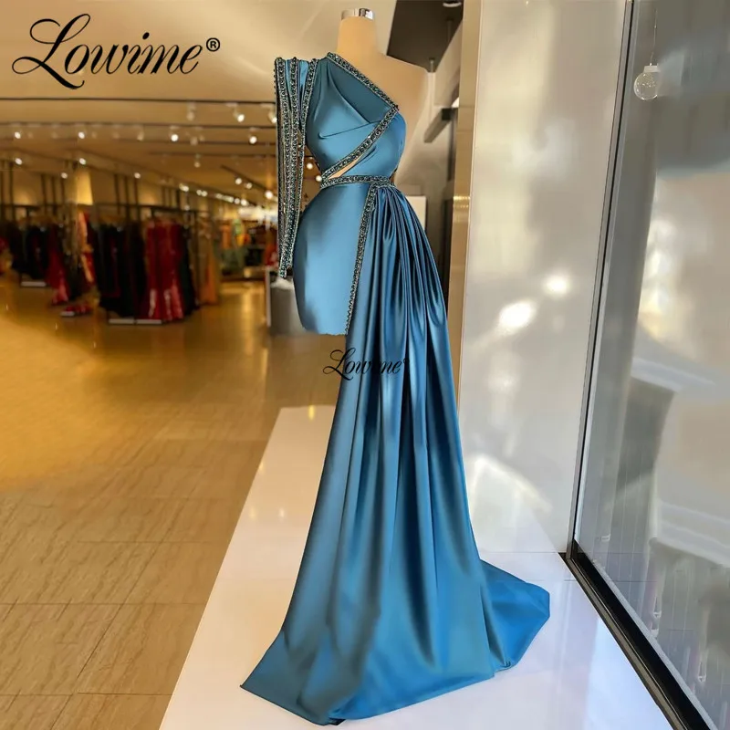

Lowime One Shoulder Single Sleeve Party Dresses 2022 Customized Evening Dress Beaded Crystals Cocktail Women Blue Dresses Outfit