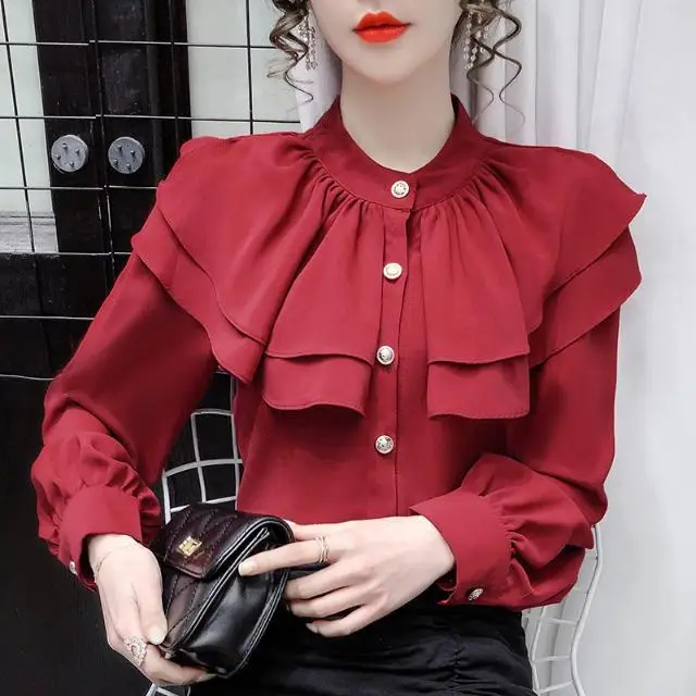

2021 spring and autumn women's new shirt high quality stand collar Ruffle Shirt Top