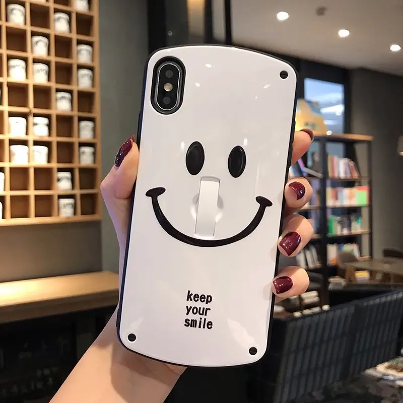 Для iPhone 7 8 7plus 8plus чистый цвет улыбающееся лицо чехол для iPhone x s xsmax XR силикагель антиосеннее крепление в виде кольца на палец чехол - Цвет: white