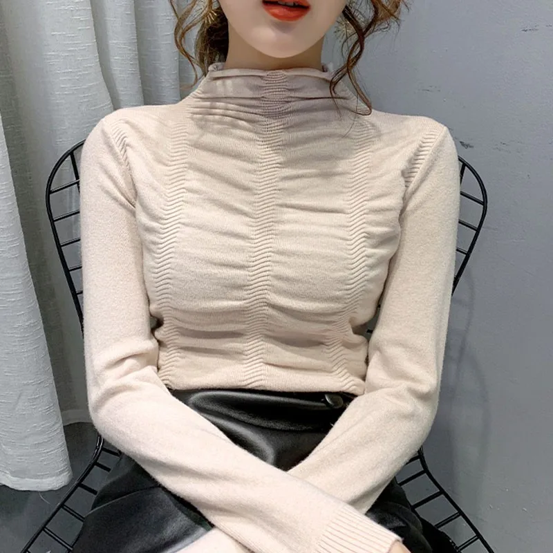 

Autumn Korean Style Wild Net Red Lady High Neck Fold Design Long-Sleeved Top T-Shirt