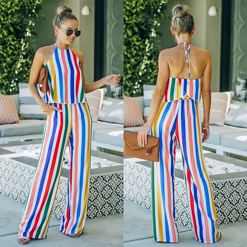 

Streetwear Striped Casual High Waist Women Playsuit Halter Straight Sleeveless Pocket Female Jumpsuit Summer Fashion 2021