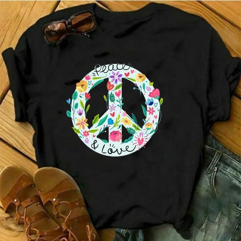 

Футболка с цветочным принтом Peace Love, Женская свободная футболка с коротким рукавом и круглым вырезом, летняя женская футболка, топы, женские ...