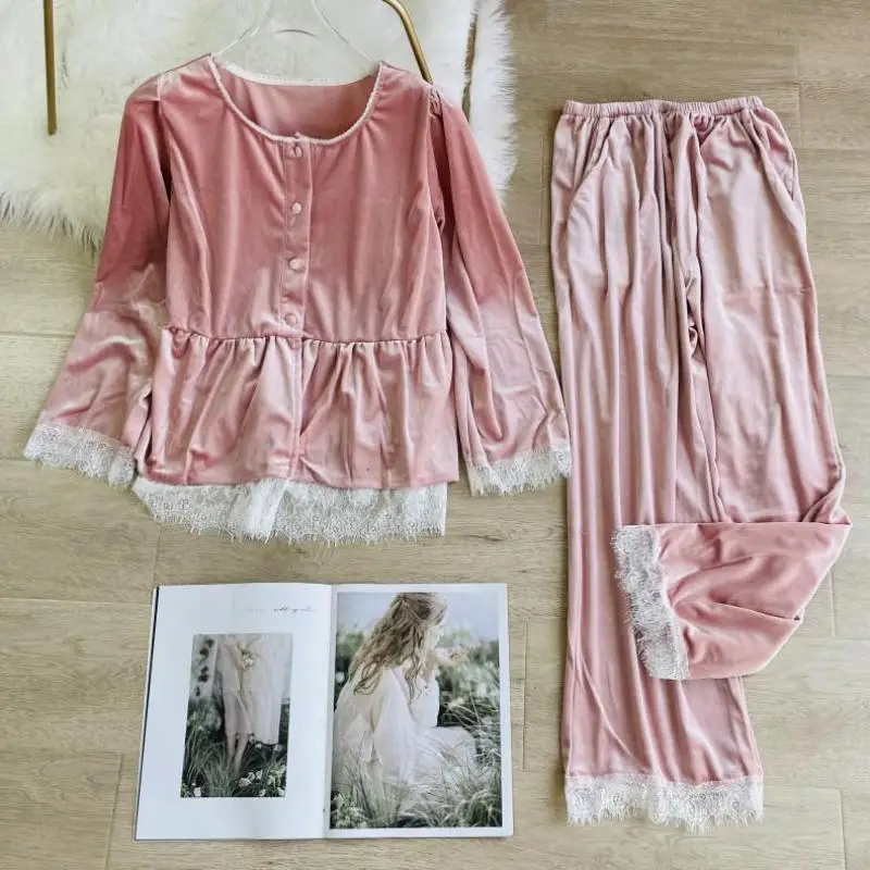 

Velvet Round Neck Pajamas Set Lace Patchwork 2PCS Sleepwear Long Sleeve Shirt&Pants Velour Sleep Set Elastic Waist Pijamas Suit