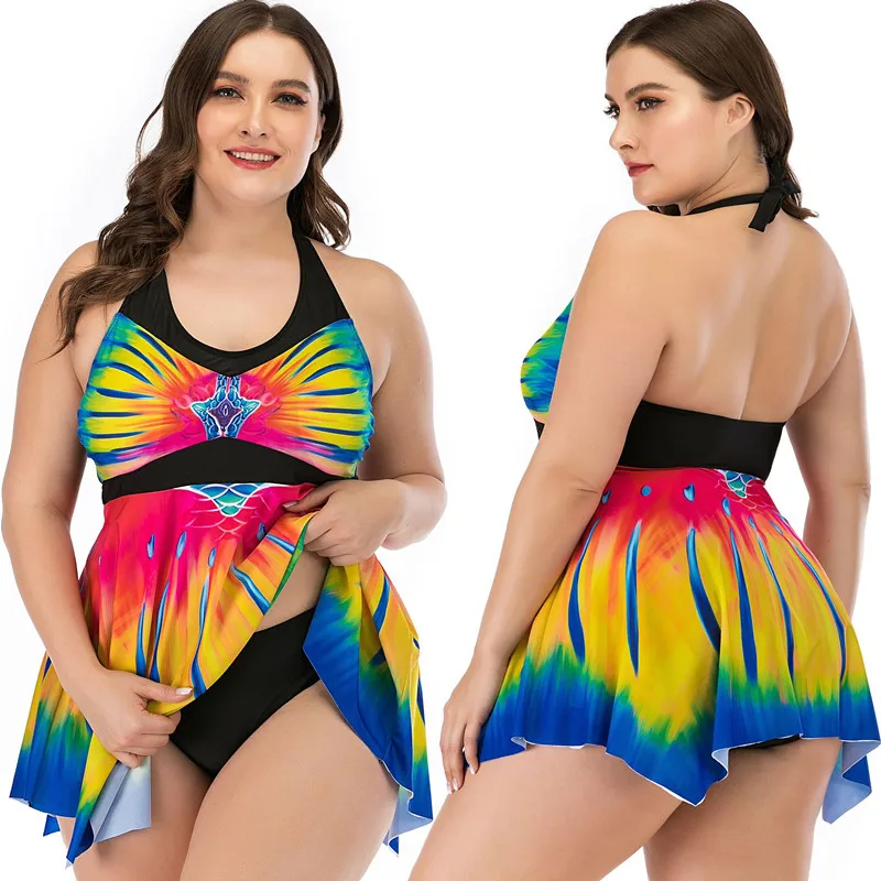 

Print Swimsuit Women Plus Size Tummy Control Swimwear Female Tankini Dress Short Two Pieces Bikini Set Summer 2021 Biquini 5XL
