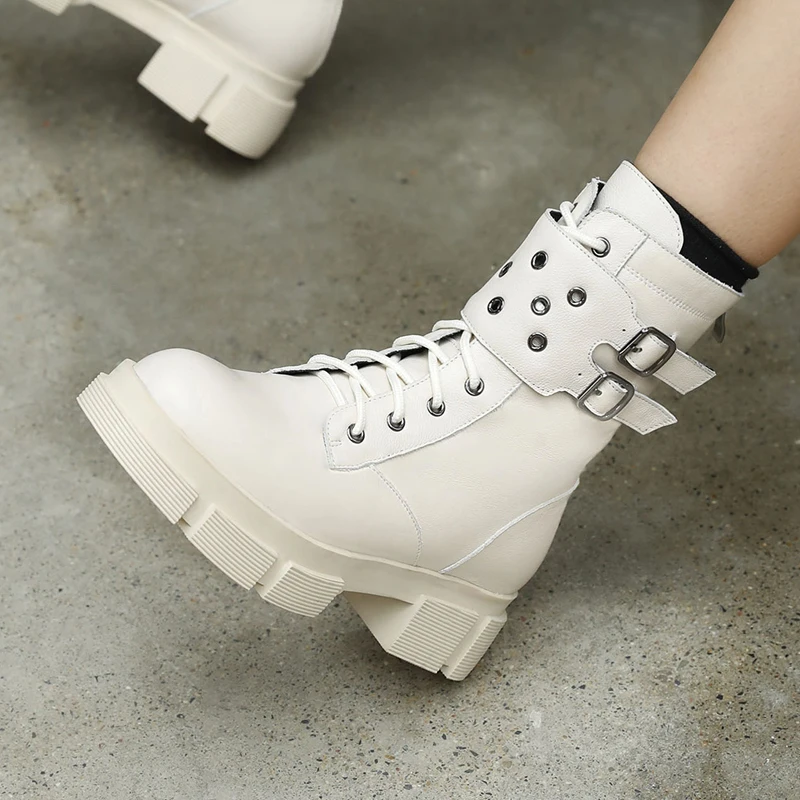 

Autumn Winter Genuine Leather Women buckle Ankle Boots Punk Motorcycle Boots Party Shoes Woman Female Short Boots