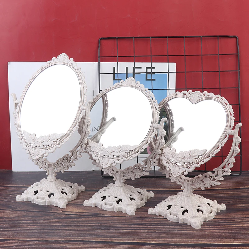 

Desktop Beige Make-Up Spiegel Draaibare Dubbelzijdig Schoonheid Spiegel Ovaal Shape Rose Sculptuur Schoonheid Badkamer Spiegel