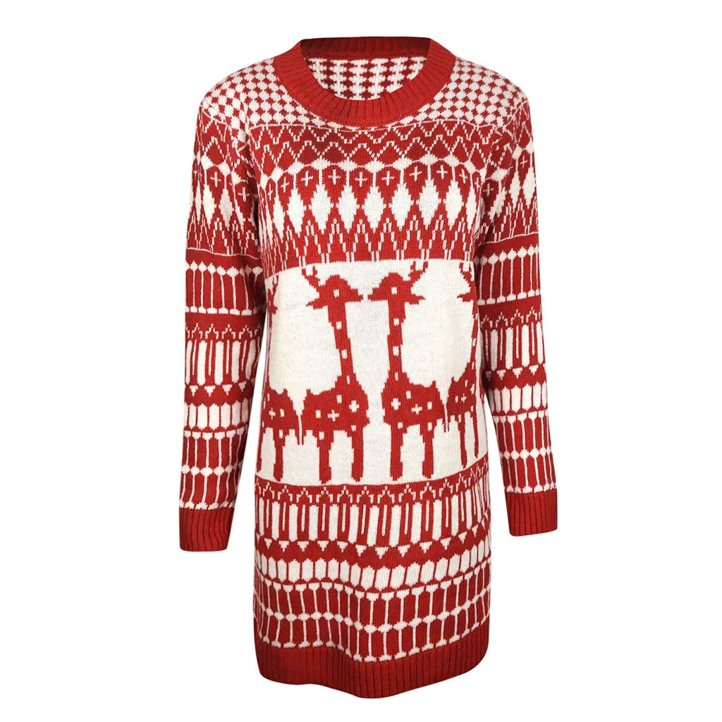 Winter Christmas Sweater Women Long Knitted Pullovers Sweaters Dress Female O-Neck Sleeve Jumper | Женская одежда
