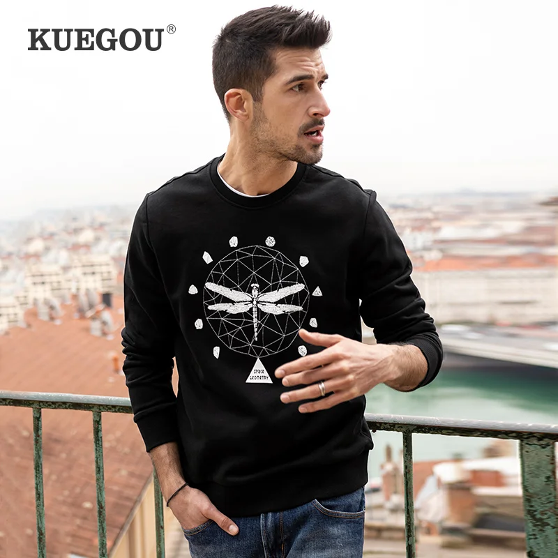 

KUEGOU Autumn Men's Sweatshirt Dragonfly Print Pullover Sweatshirts men Hoodies Fashion Streetwear Off whiteTop Plus size 3257