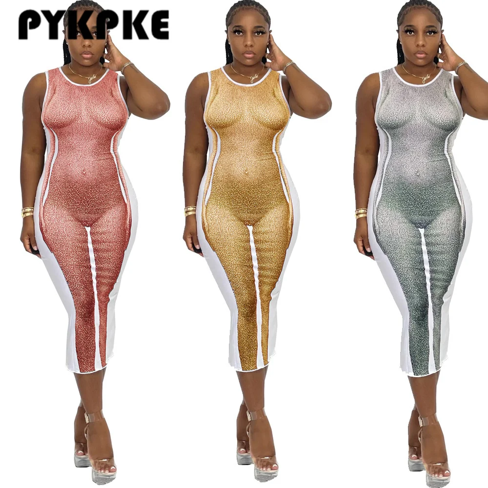

Women Dress Fashion Print Sleeveless Personality Sheath Mid-calf Dresses Female Sexy Club Party Dress Summer 2021