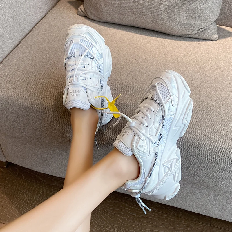

Comfy Breathable Mesh Trainers Chunky Heels 5cm Women's Platform Sneakers Women Shoes Casual Female White Mesh Shoes For Woman