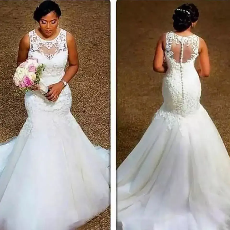 

VENSANAC African Illusion O Neck Tulle Mermaid Wedding Dresses Lace Appliques Sweep Train Bridal Gowns