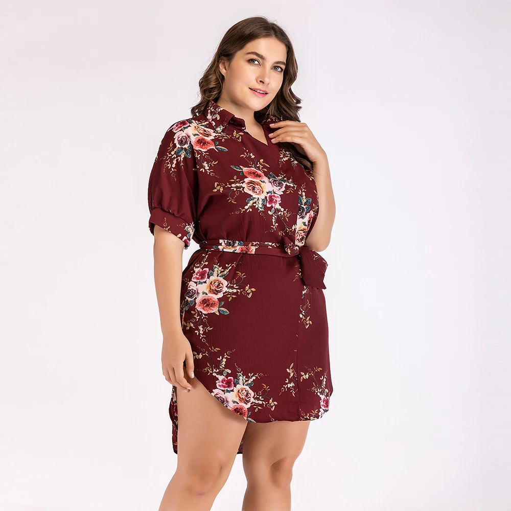 Платье миди женское с цветочным принтом отложным воротником и поясом|Женские