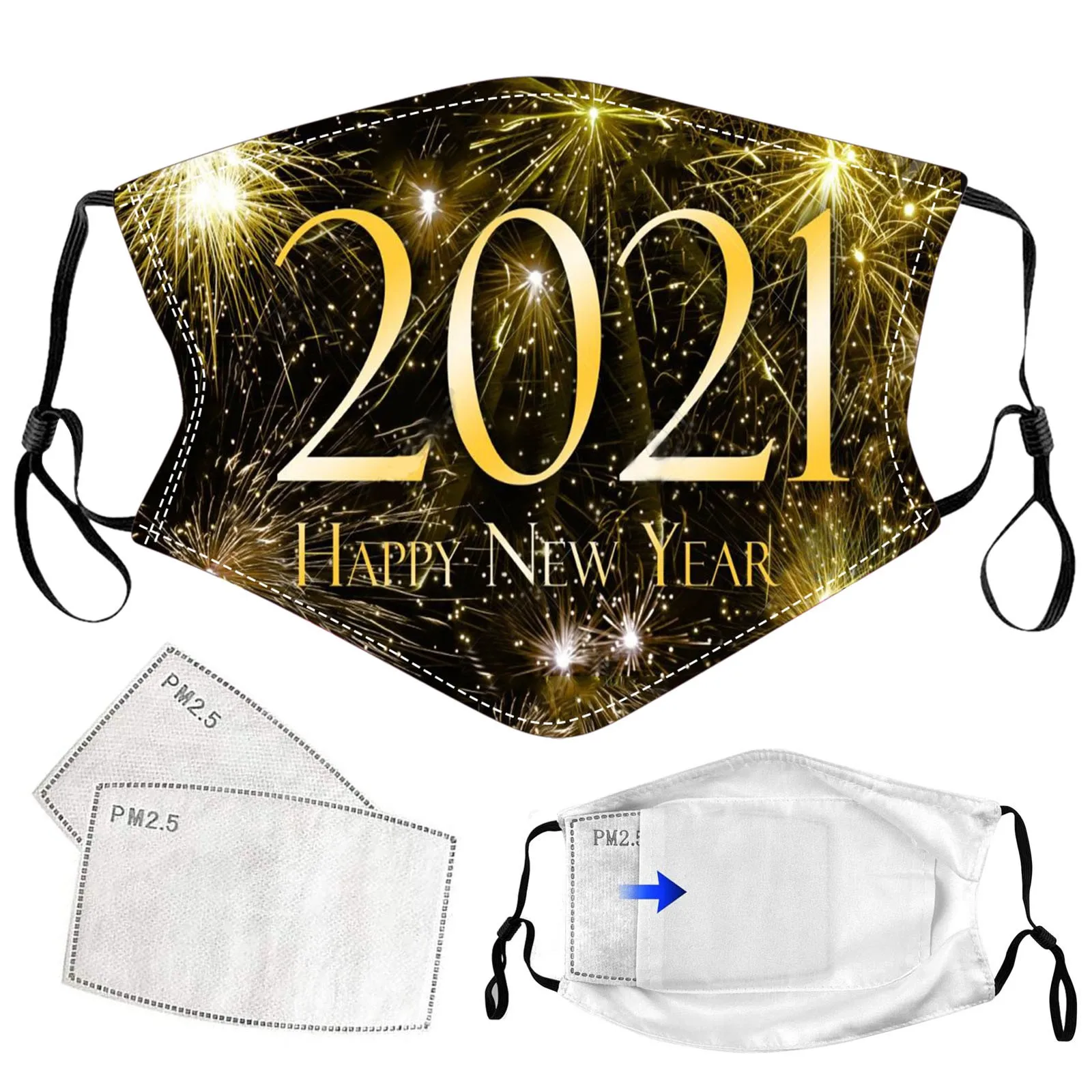 

5PC +10PCS Filters Adult's Mask New Year's Day 2021 Printing Breathable Washable 3 Ear loop Mask mascarillas