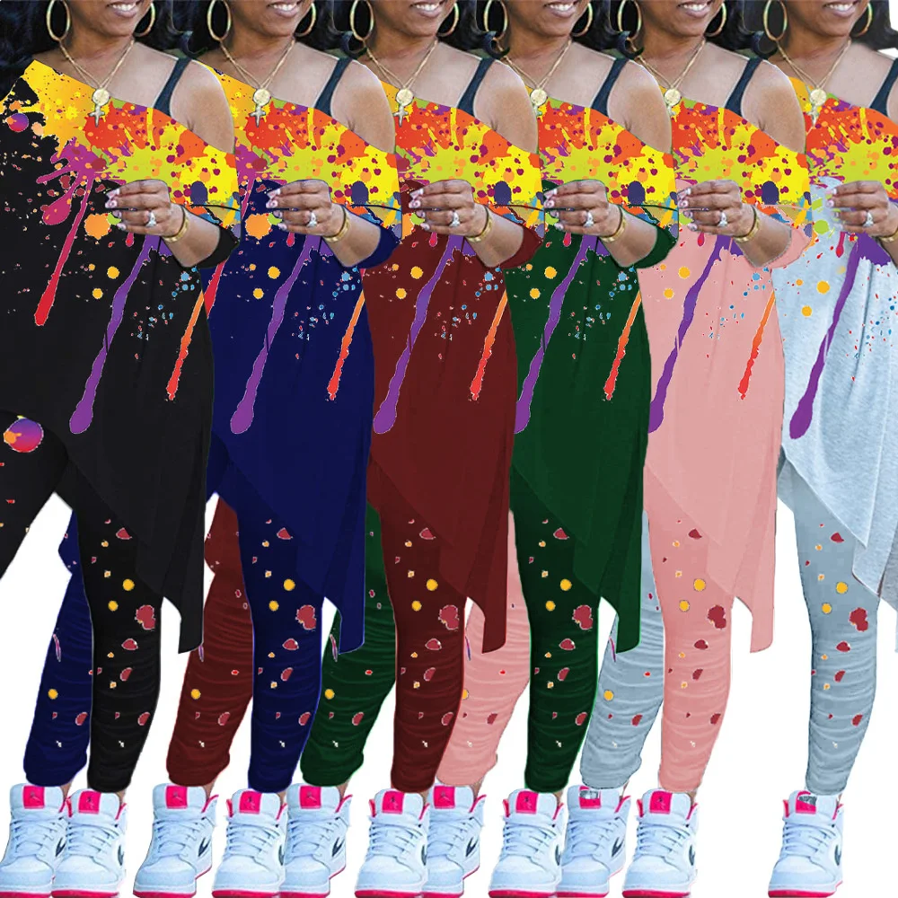 

Zoctuo High Waist Pants Sets Skew Collar Long Sleeve Crop Top Pencil Pants Set Tie Dye Print Pants Sets Women Two Piece Outfits