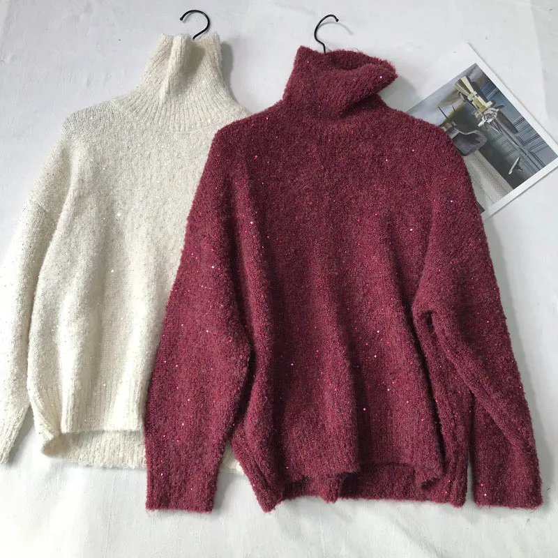 

Pullover Long-sleeved High-neck Sweater with Sequins Loose and Thick Sweater Fashion All-match