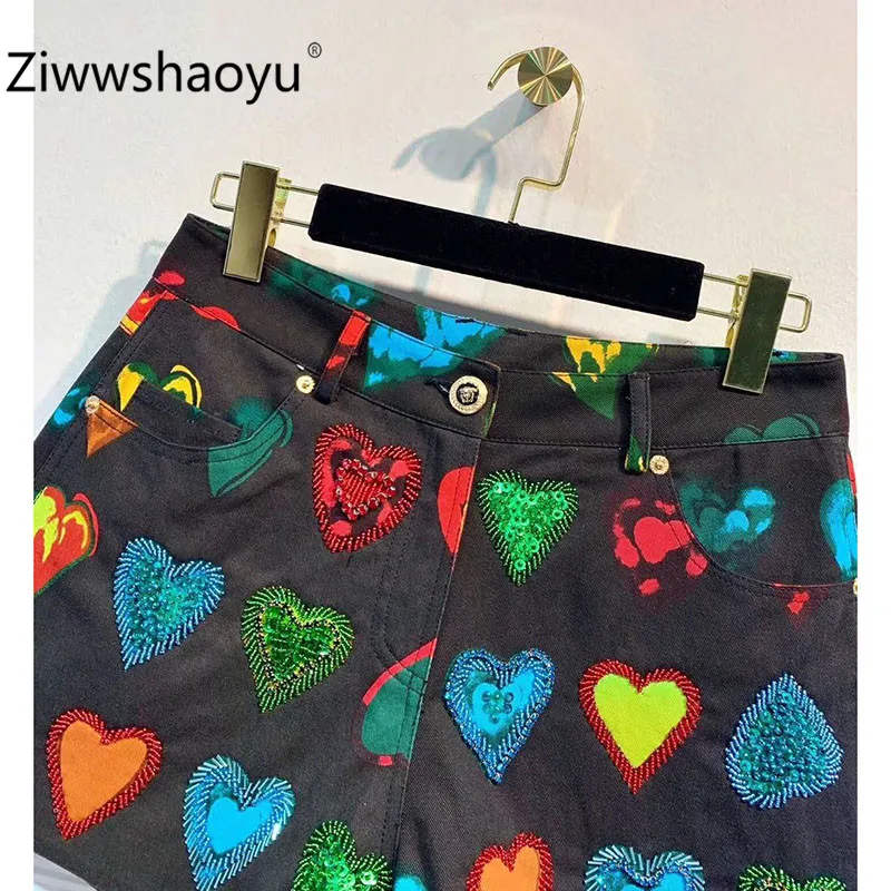 Ziwwshaoyu дизайнерские высококачественные осенние цветные шорты с принтом в форме сердца джинсовые Хлопковые женские