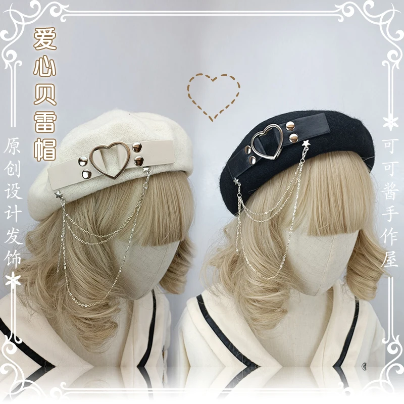 

Original Design Gothic Style Soft Sister JK Kawaii Beanie Elegant Hat Punk Metal Love Chain Women Fashion Beret Sweet Handmade