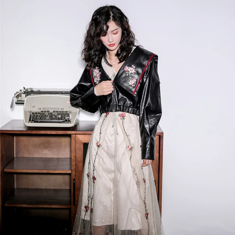 Fashion Women Floral Embroidered Soft Leather Jacket 2020 Spring Autumn Big collar Faux PU Coats Chic Black YNZZU 9O173 | Женская одежда