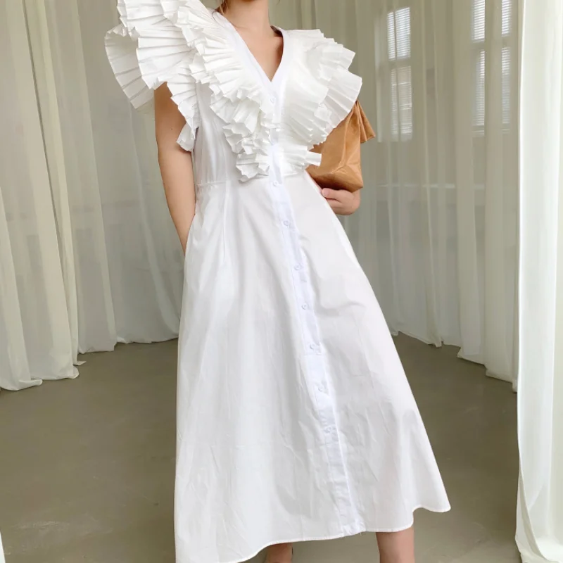 

2021 Elegant Summer Ruffle Sleeveless Dress For Women V Neck High Waist Midi Dresses VVestidos Female Fashion Clothing