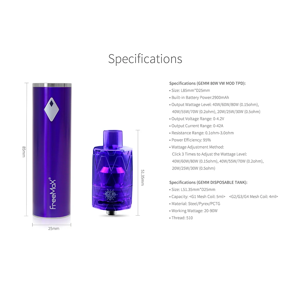 Оригинальный Freemax GEMM 80 Вт стартовый vape комплект 2900 мАч с 5 мл одноразовый