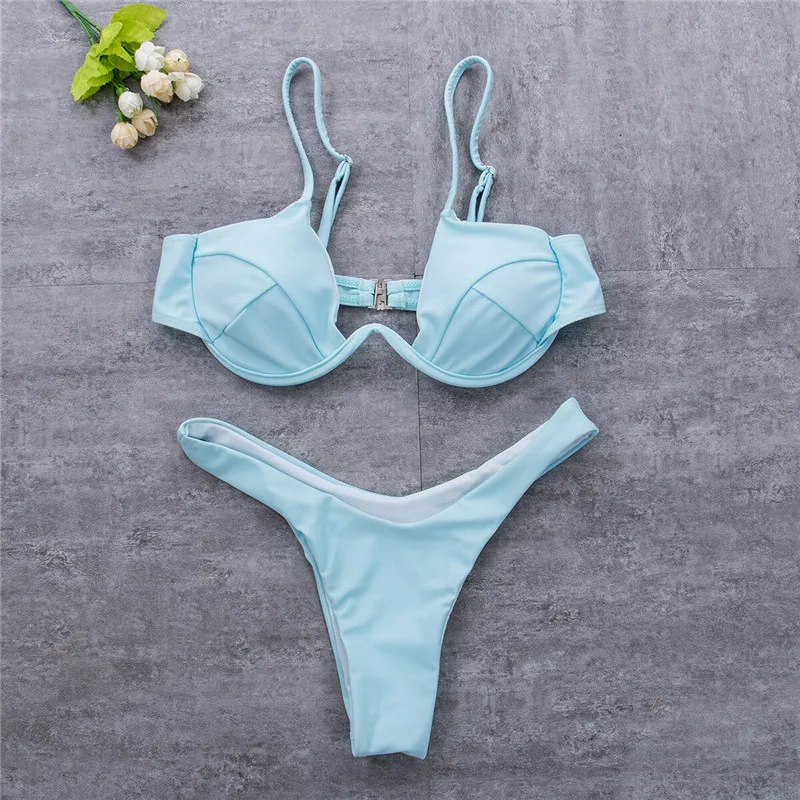 Женский бандажный купальник с чашками пуш ап однотонный треугольный пляжная