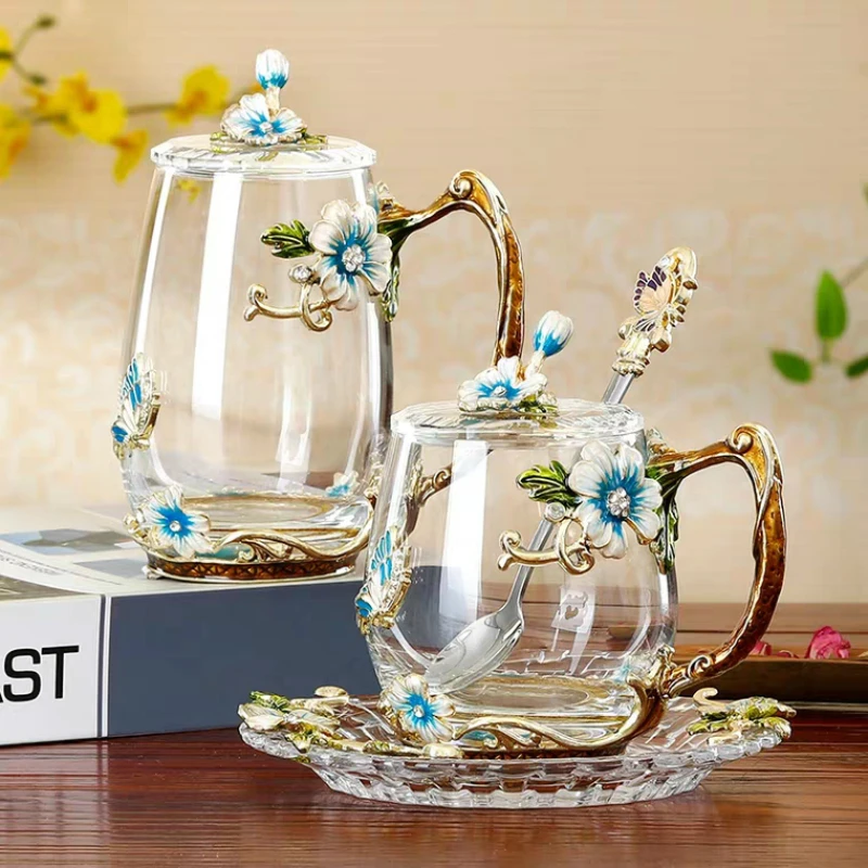 

Beauty And Novelty Enamel Coffee Cup Mug Flower Tea Glass Cups for Hot and Cold Drinks Tea Cup Spoon Set Perfect Wedding Gift