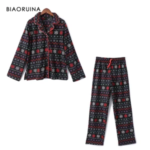 BIAORUINA для женщин флис Снежинка печатных свободные пижамный комплект однобортный повседневные топы + эластичный пояс полной длины брюки из двух частей