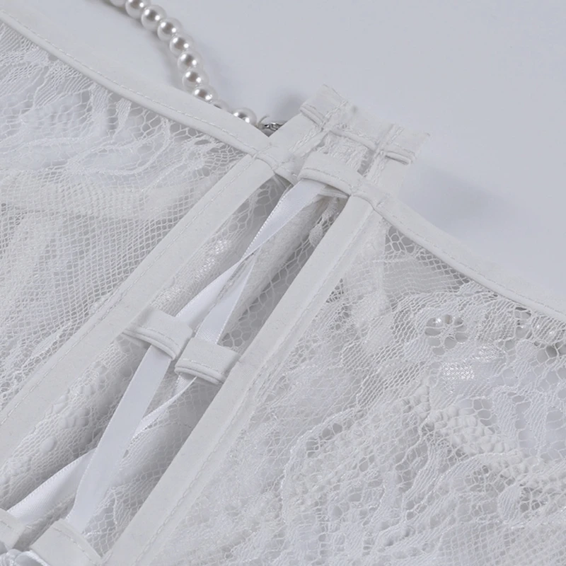 

Women Sexy Underbust Corset Crop Top Perspective Floral Lace Bustier Body Shaper Pearl Chain Wedding Slimming Waist Belt