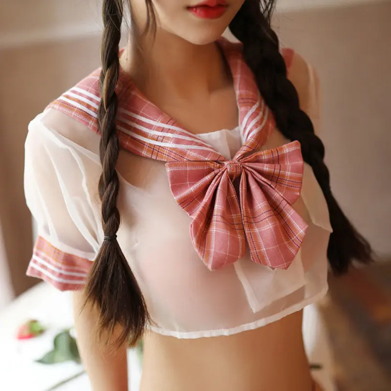 

Women's Sexy Lingerie Underwear Check Bow Half Sleeve Navel Exposed Perspective Lovely Student Uniform Japanese Academic Style