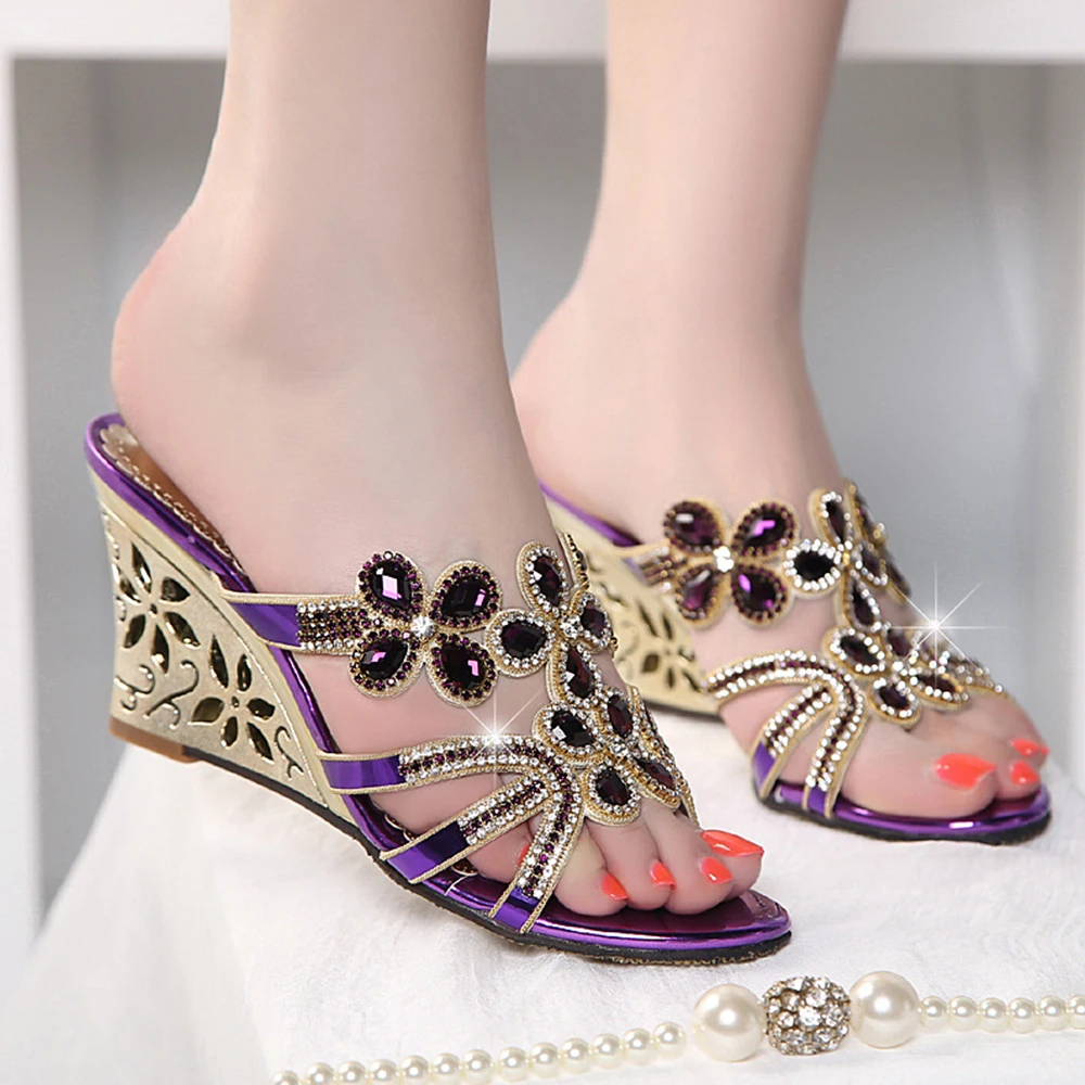 

women's shoes sandals and slippers women's slope heel sexy hollow rhinestone high heel diamond-studded summer