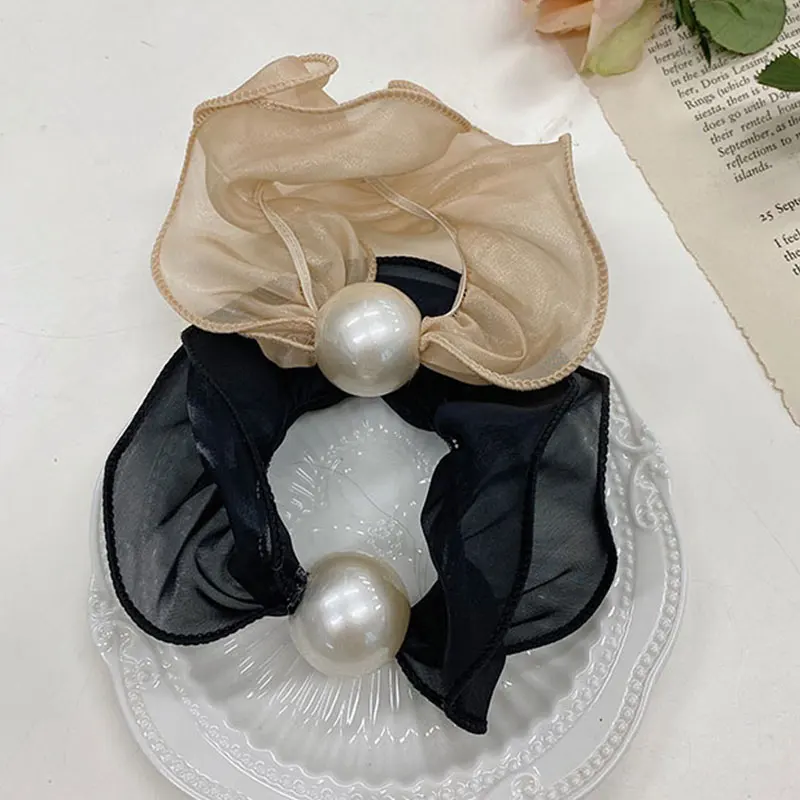 

2021 Elegant Large Intestine Hair Ring Pearl Elastic Hair Bands Fashion Net Yarn Rubber Bands Ponytail Holder Hair Accessories